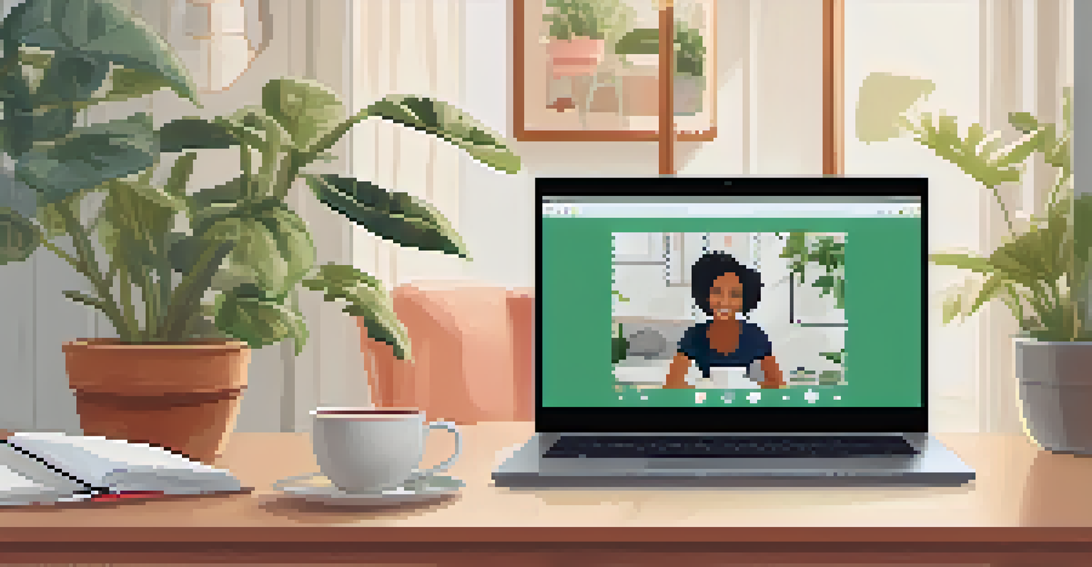 An online therapy session on a laptop with a therapist talking to a person at home, creating a warm and safe atmosphere.