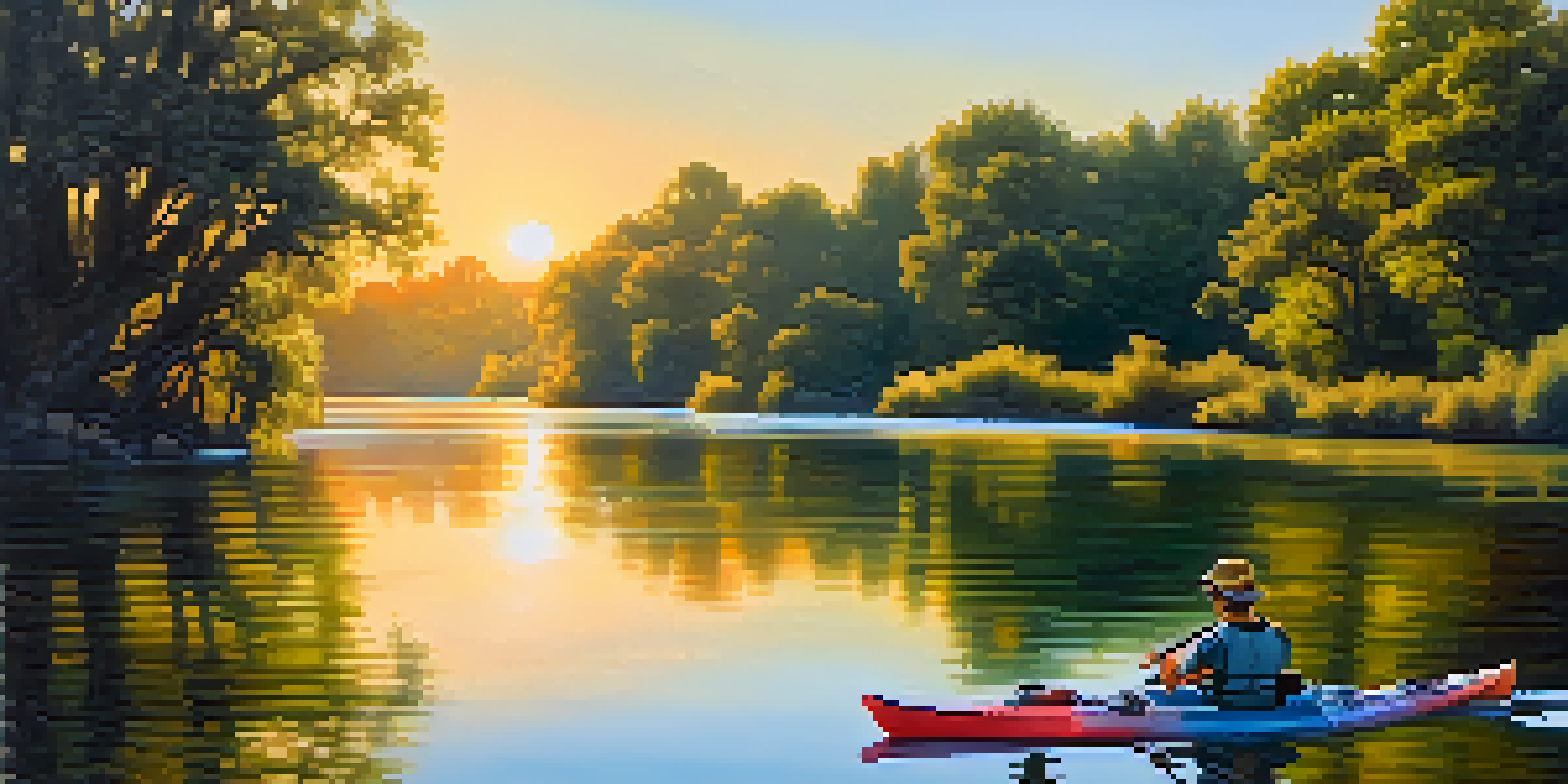 A peaceful morning view of the American River in Sacramento with colorful sunrise reflections on the water, surrounded by greenery and kayakers.