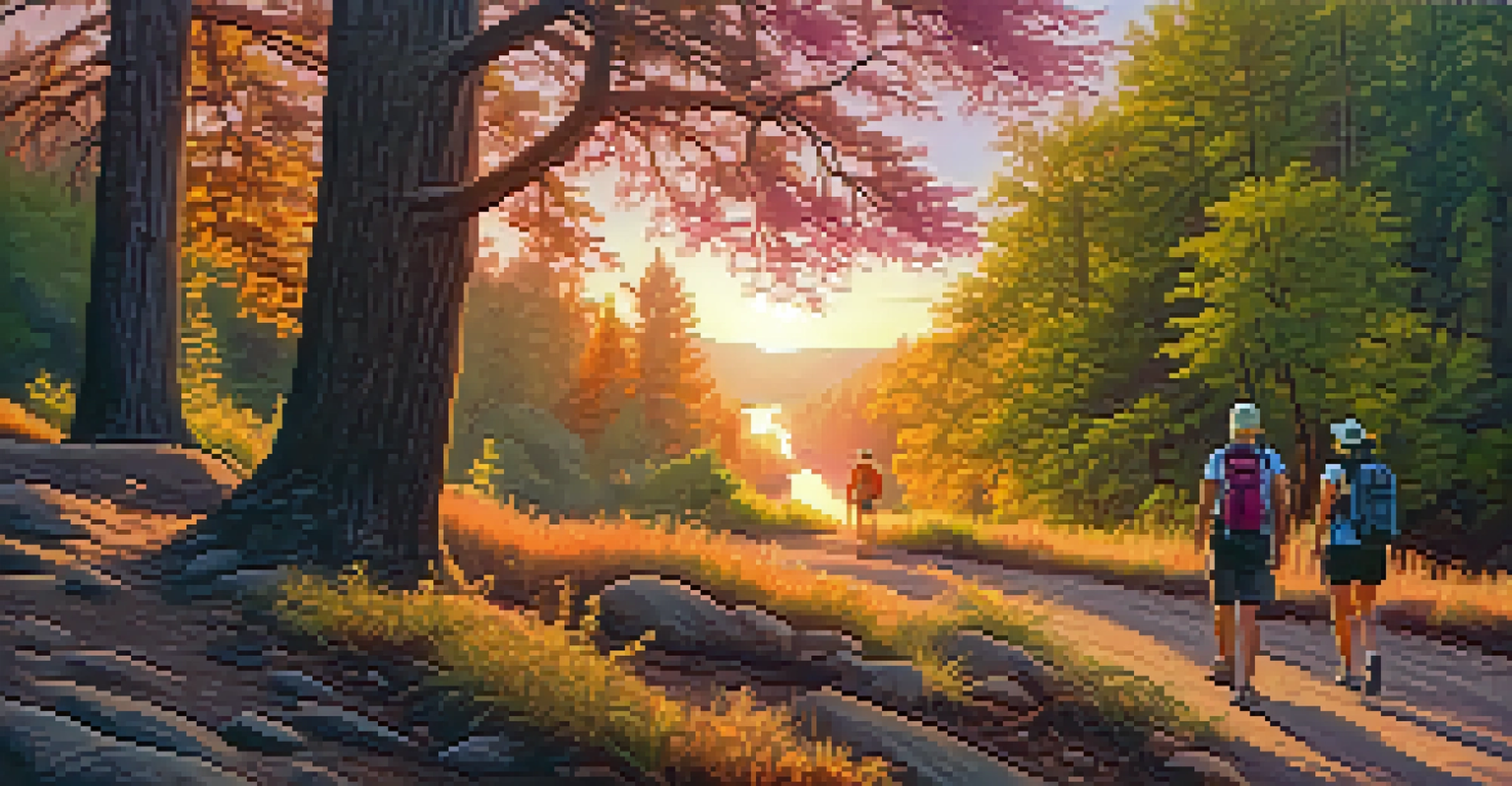 A scenic hiking trail along the Sacramento River during sunset, with hikers in the background.