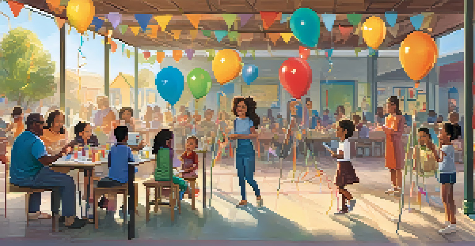 Parents and children interacting at a family engagement event in an after-school program, with a festive atmosphere.