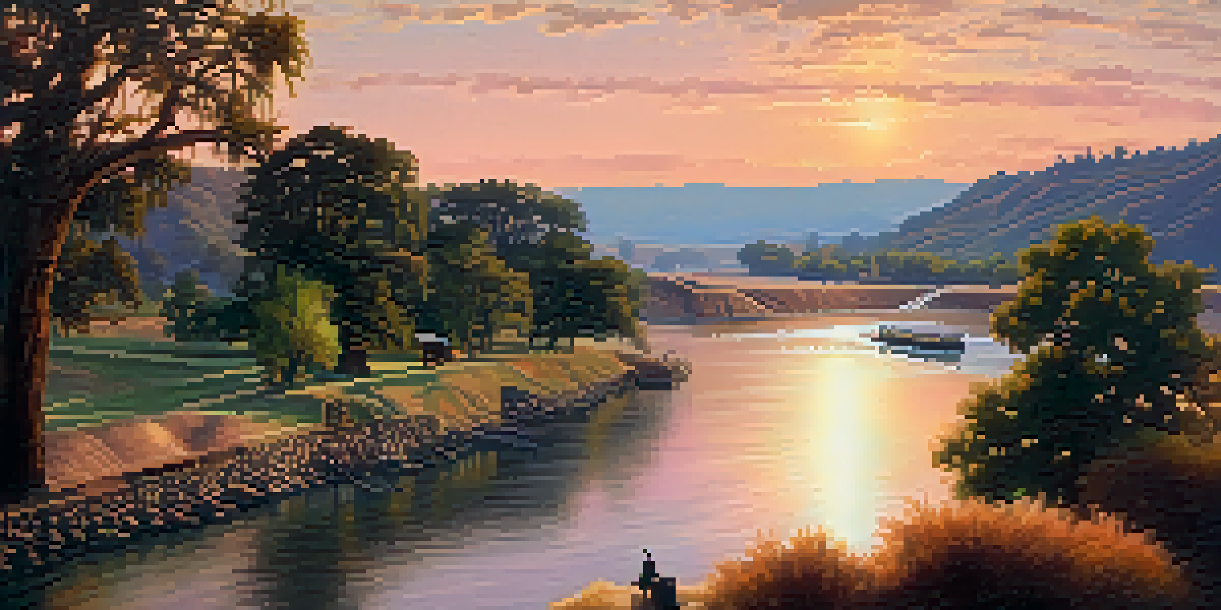 A scenic sunset view of two rivers meeting, with Sutter's Fort in the foreground and travelers in historical clothing.