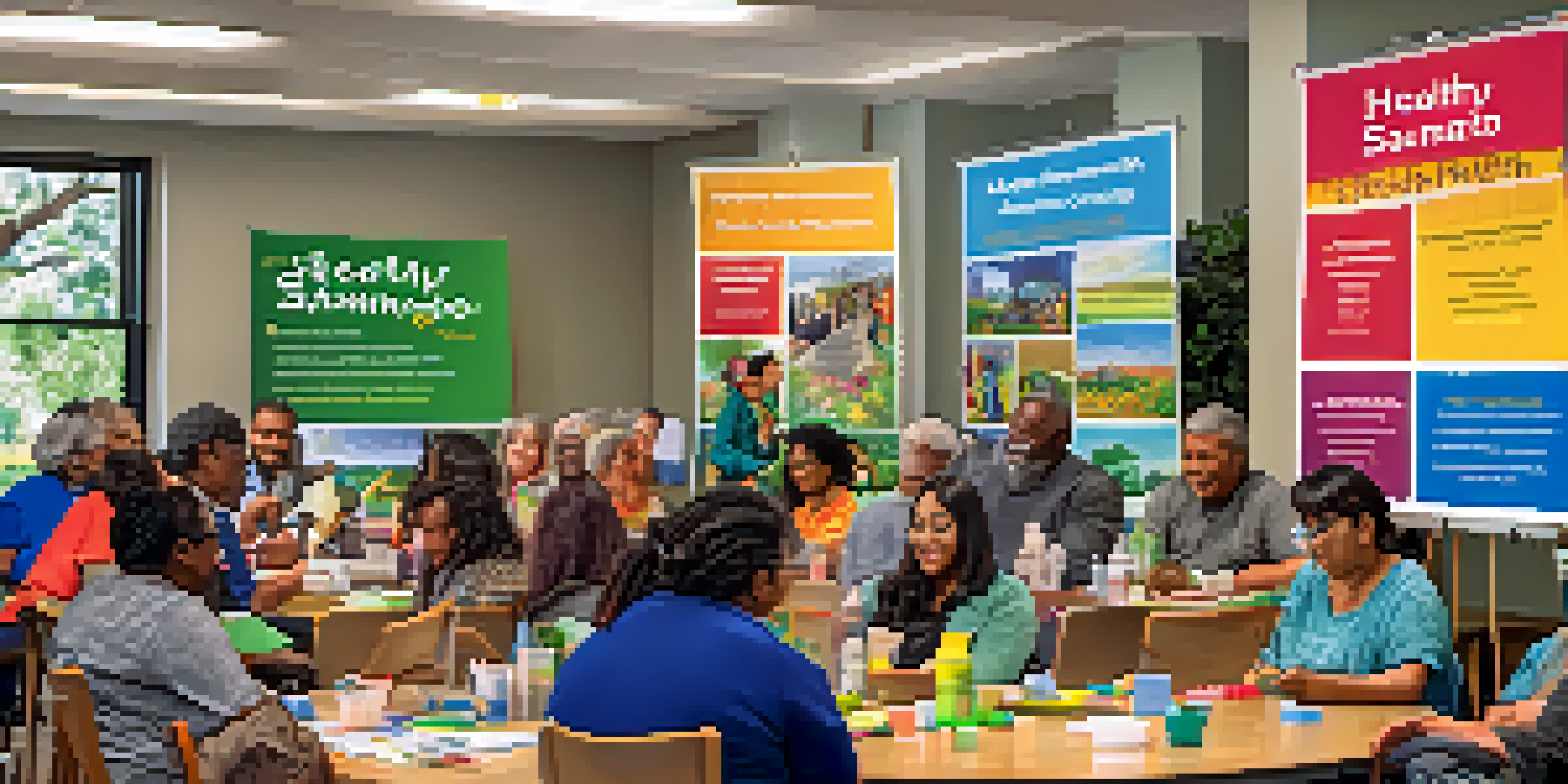 A community health workshop with diverse residents participating in discussions and activities, under a colorful banner.
