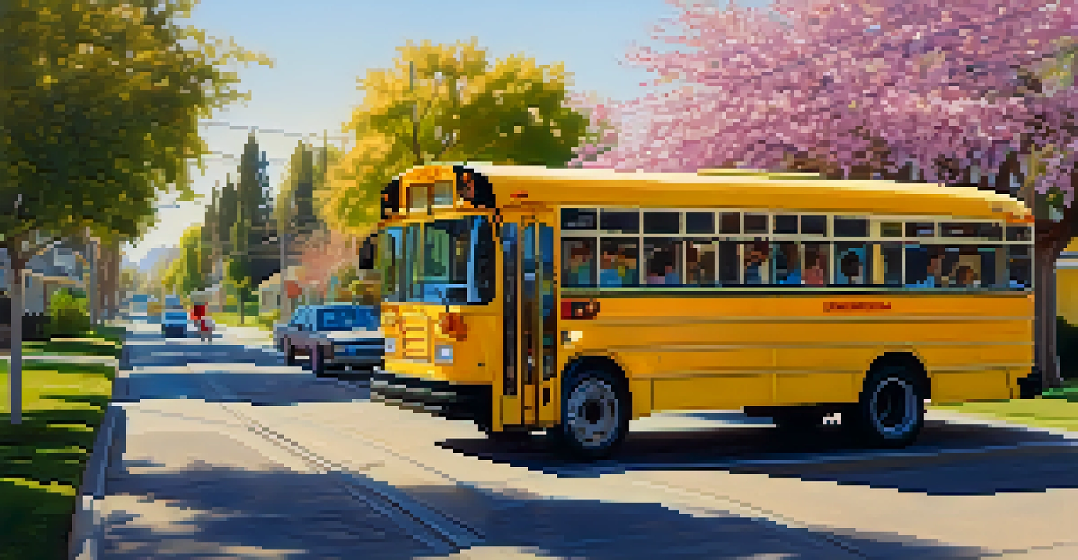A colorful Sacramento city bus in a residential neighborhood with children waiting at a bus stop.
