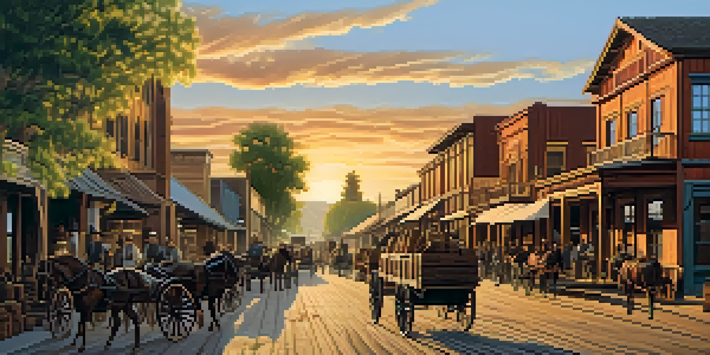 A historical view of Sacramento's Mill District with wooden lumber mills and workers during the Gold Rush era, illuminated by a sunset.