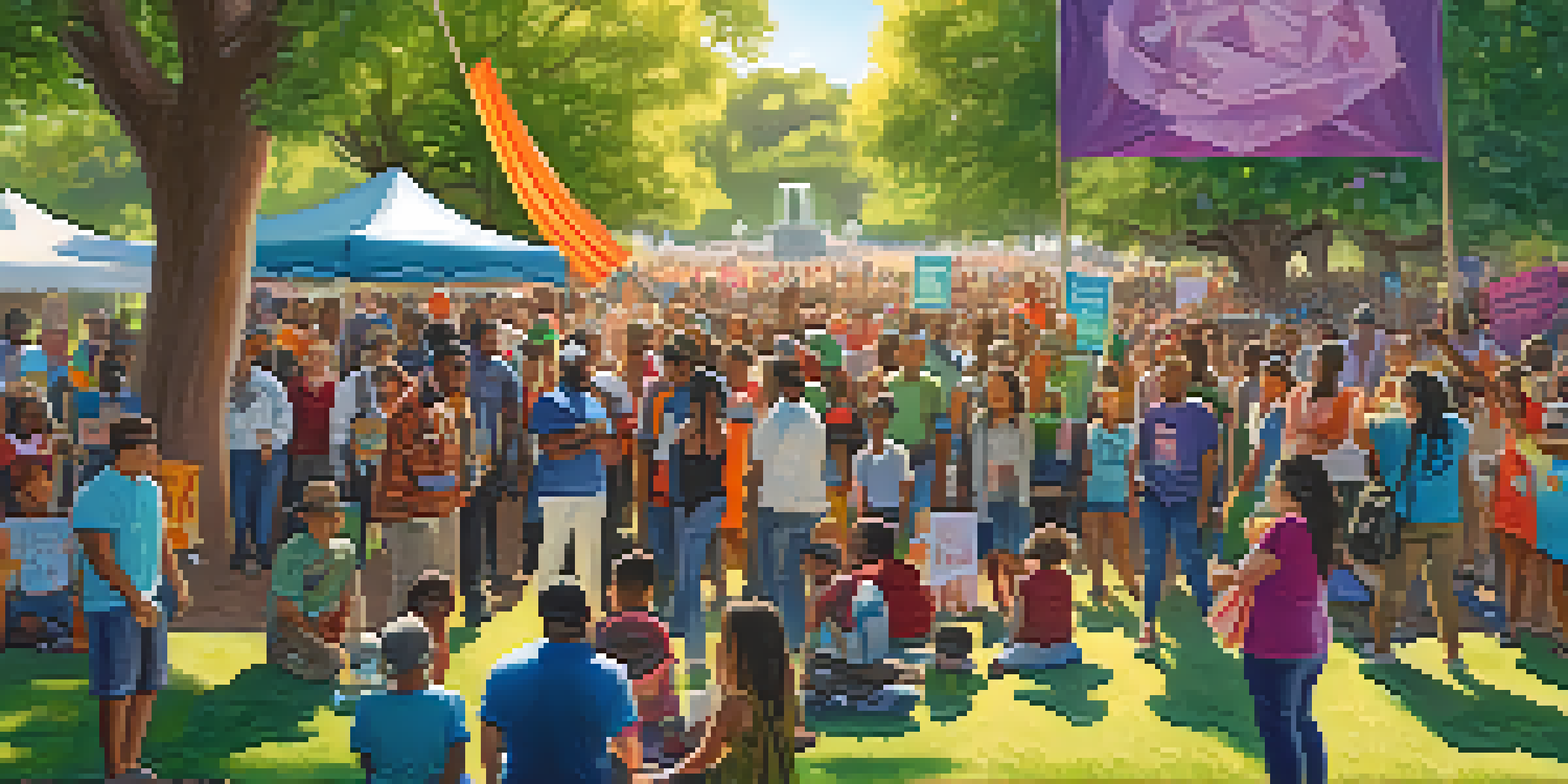 A diverse group of people participating in a community rally in a park, holding banners for social justice.