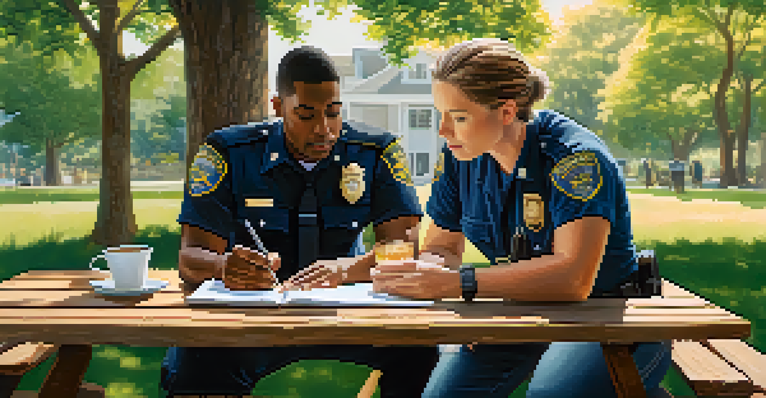 A police officer and a mental health professional having a discussion at a picnic table in a green outdoor setting.