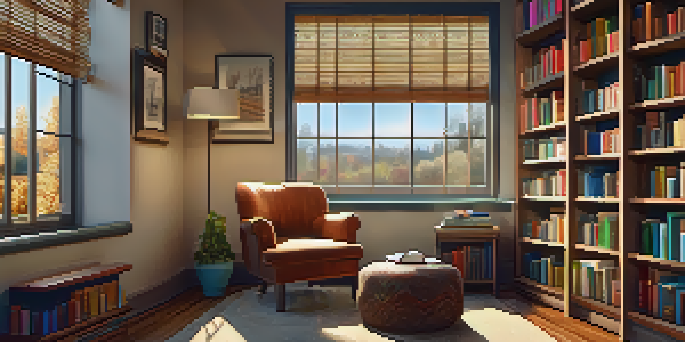 A cozy reading nook in a bookstore with wooden shelves filled with books, a plush armchair, a cup of tea, and sunlight streaming through large windows.