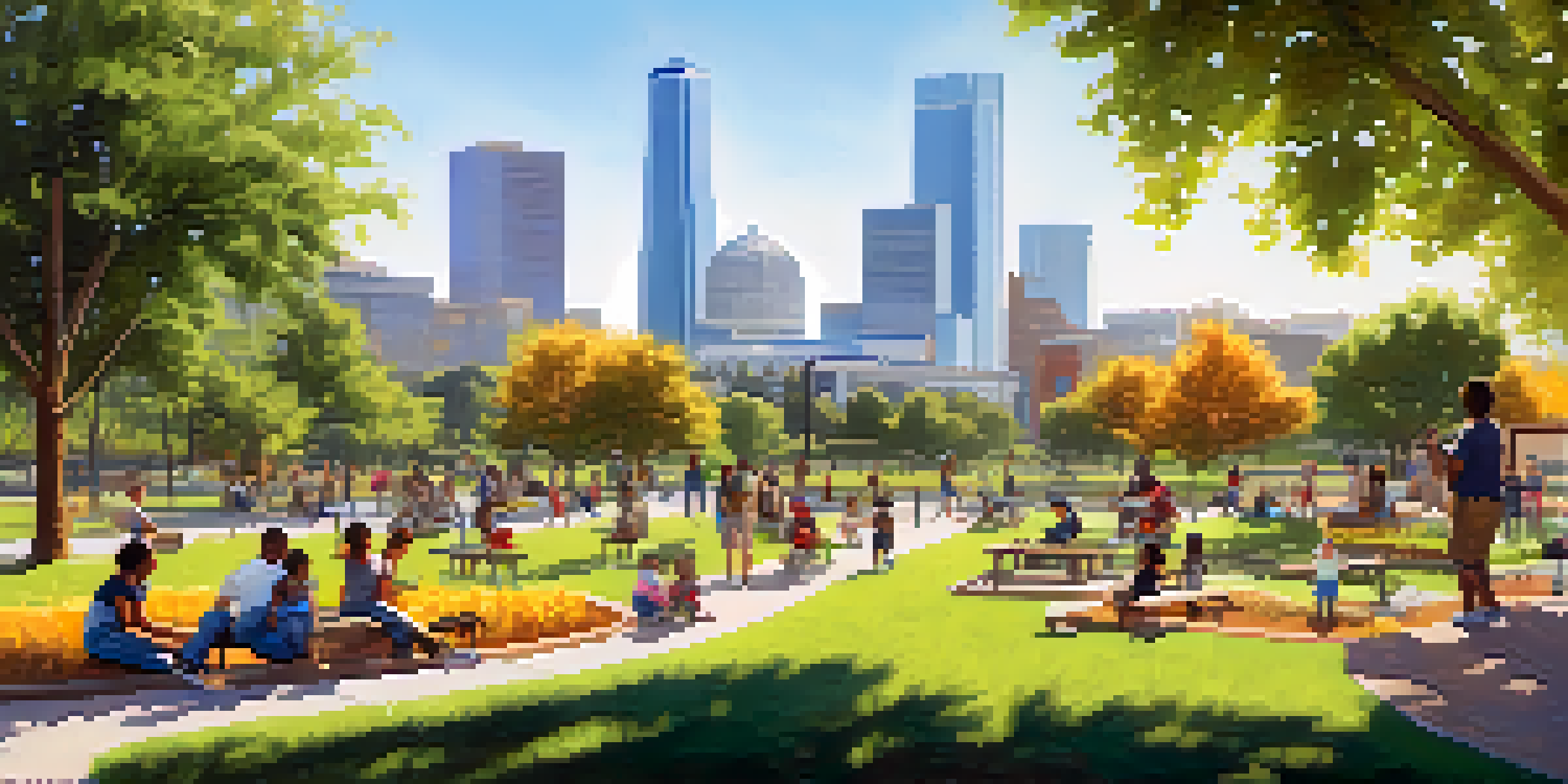 A lively urban park in Sacramento filled with people engaged in sustainable activities like gardening and workshops, with a bright skyline and greenery.