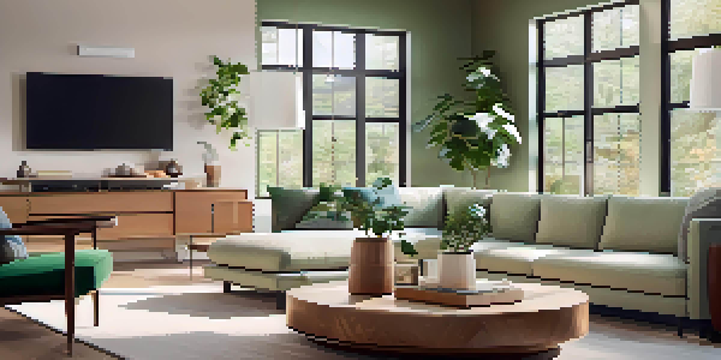 A contemporary living room with smart home devices, bright sunlight, and indoor plants, inviting and cozy atmosphere.