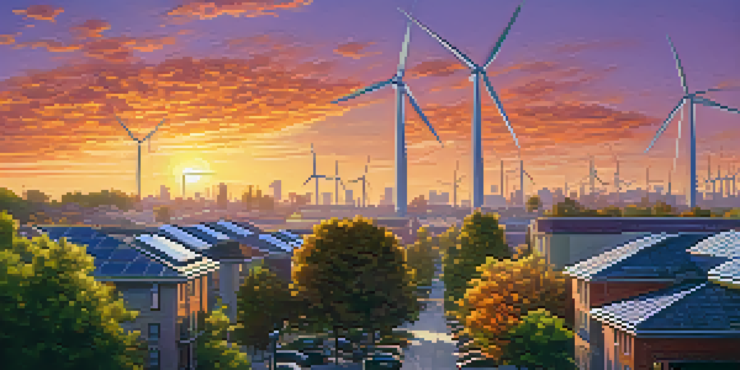 A colorful sunset over Sacramento, featuring solar panels on buildings and wind turbines, with green parks in the foreground.