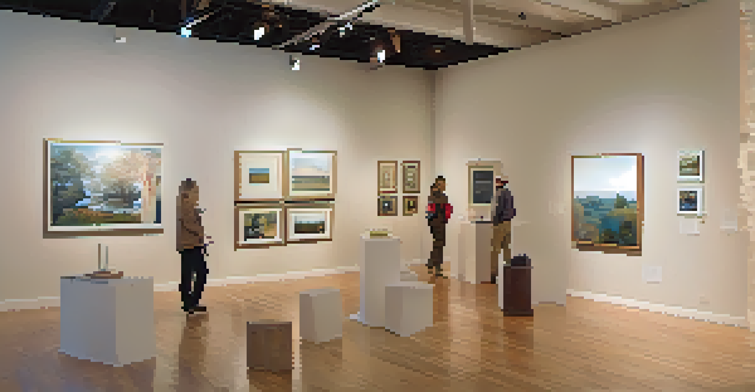 An art gallery in Sacramento showcasing contemporary works by emerging local artists, with soft lighting and visitors.