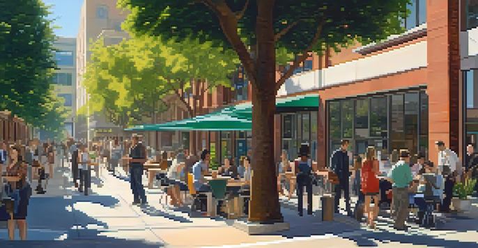 A vibrant Sacramento street scene with modern tech offices and historical buildings, where diverse professionals are networking outside a tech incubator under bright sunlight.