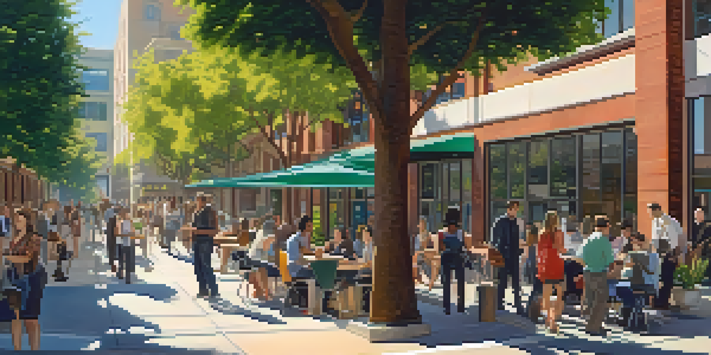 A vibrant Sacramento street scene with modern tech offices and historical buildings, where diverse professionals are networking outside a tech incubator under bright sunlight.