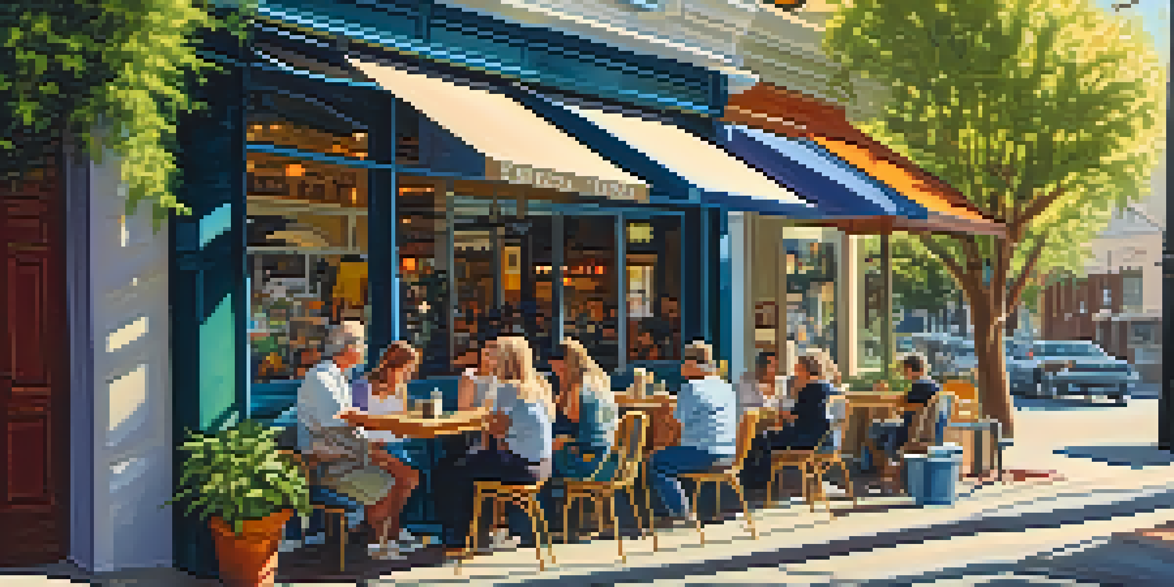 A lively street scene featuring a small coffee shop with outdoor seating, colorful plants, and a mural artist at work.