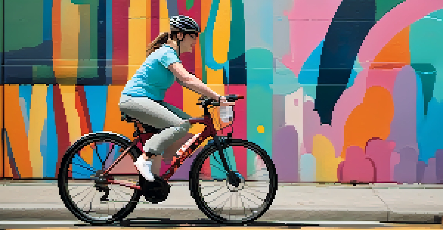 A joyful cyclist riding an e-bike on a vibrant bike lane, surrounded by urban murals and greenery.