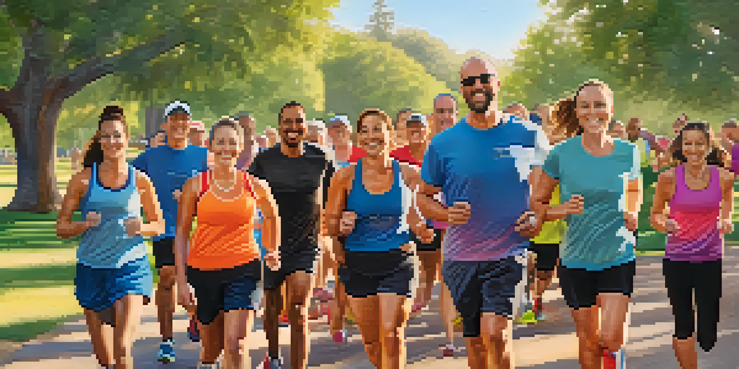 A diverse group of runners in a park, smiling and preparing for a morning run.