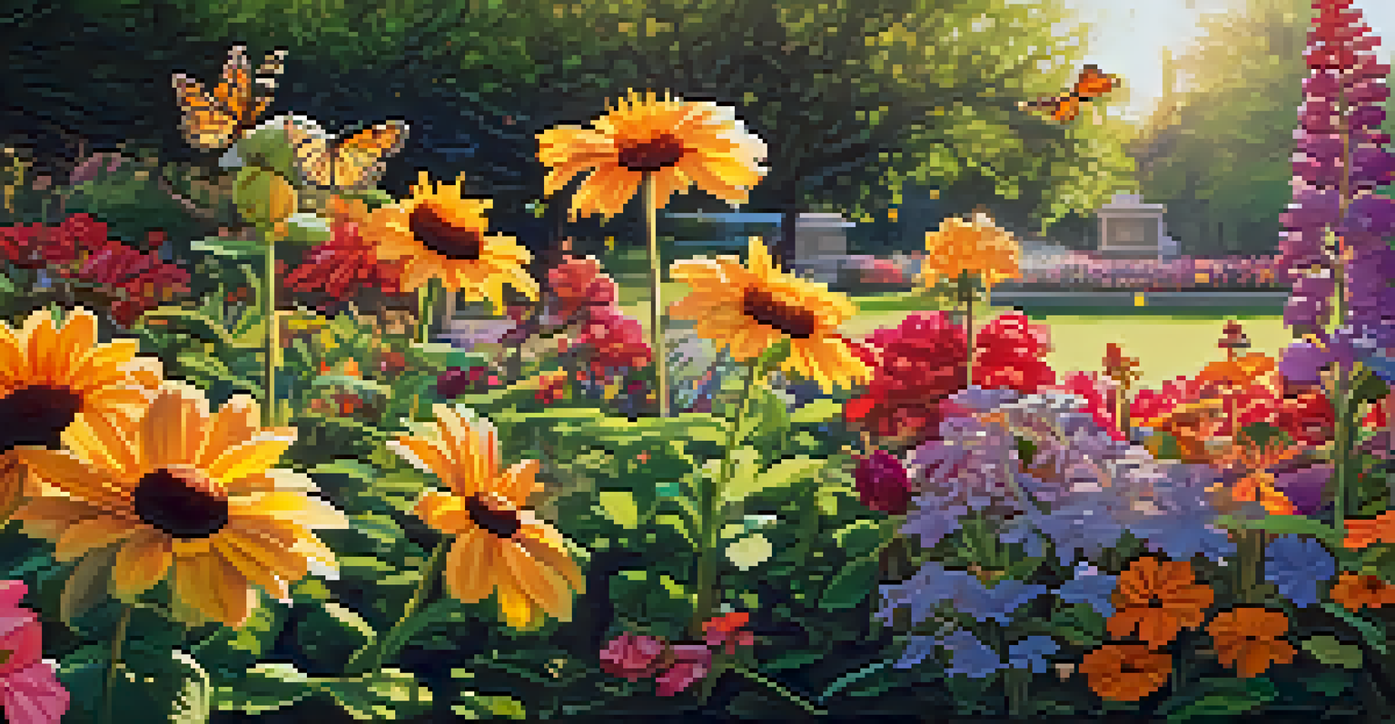 Close-up of a colorful flower garden in McKinley Park with bees and butterflies, bathed in sunlight.