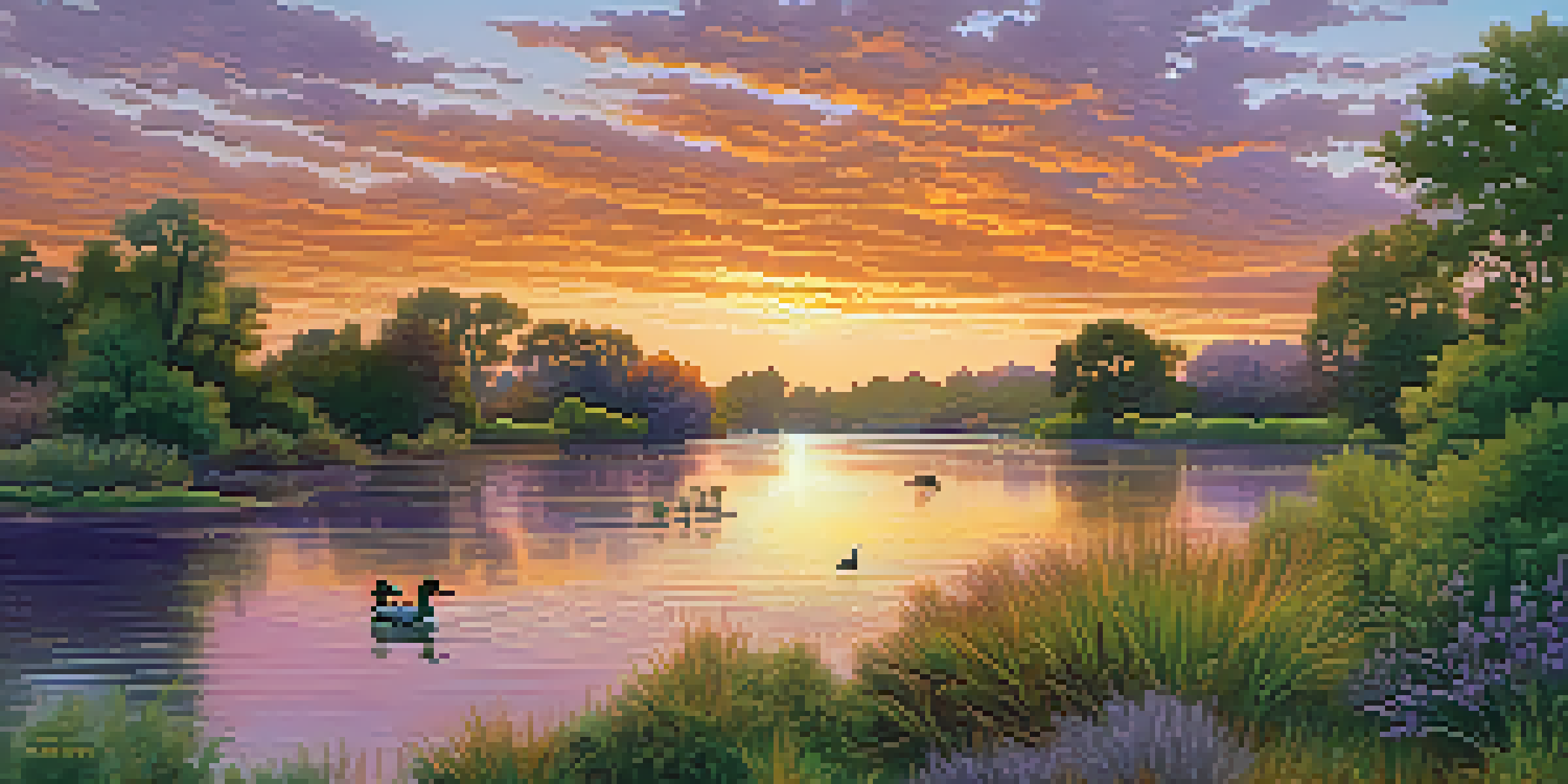 A beautiful sunset over the Sacramento River with ducks swimming and a bald eagle flying above.