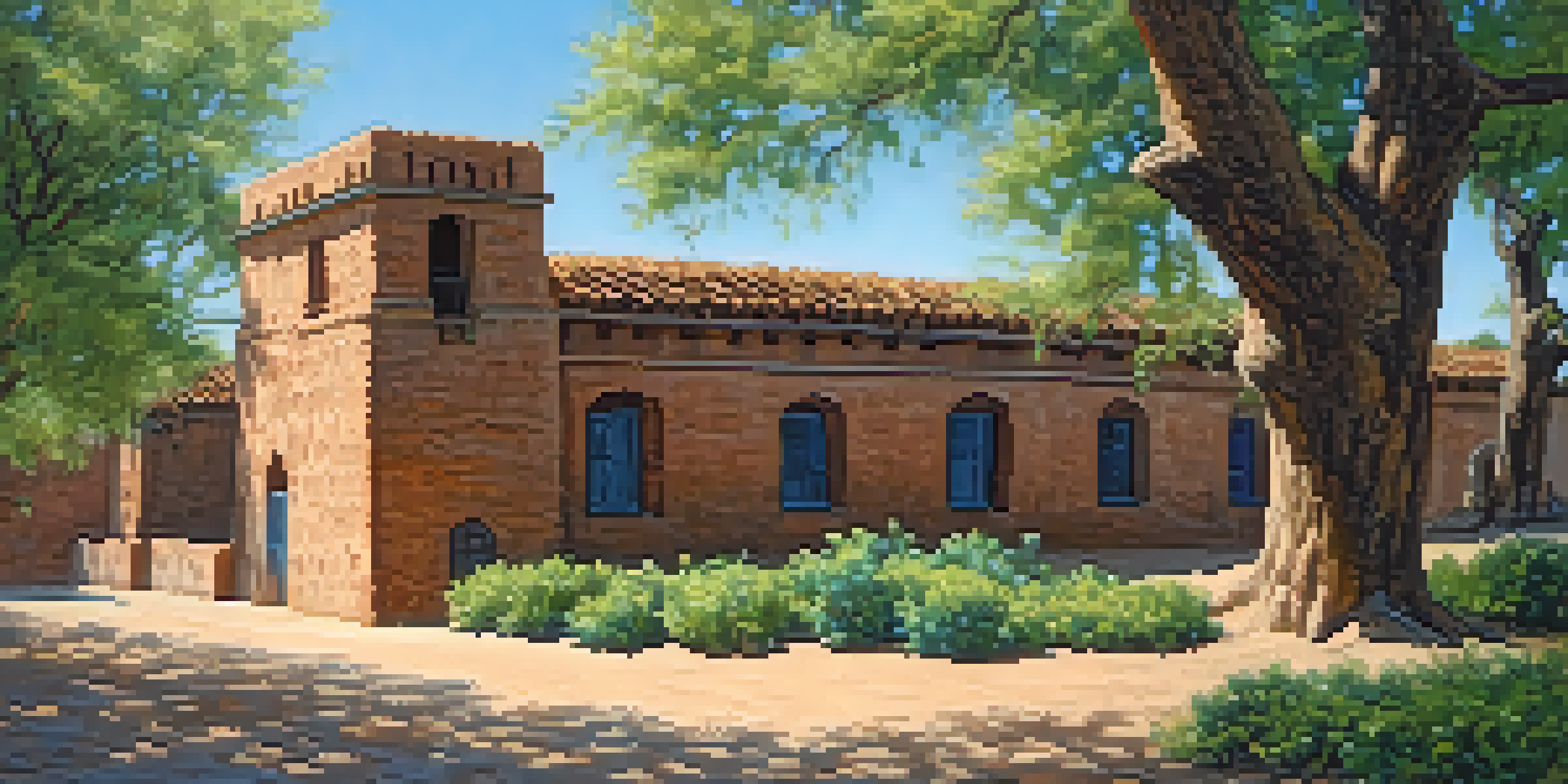 A view of Sutter's Fort with adobe brick walls, surrounded by trees and flowers under a clear sky.