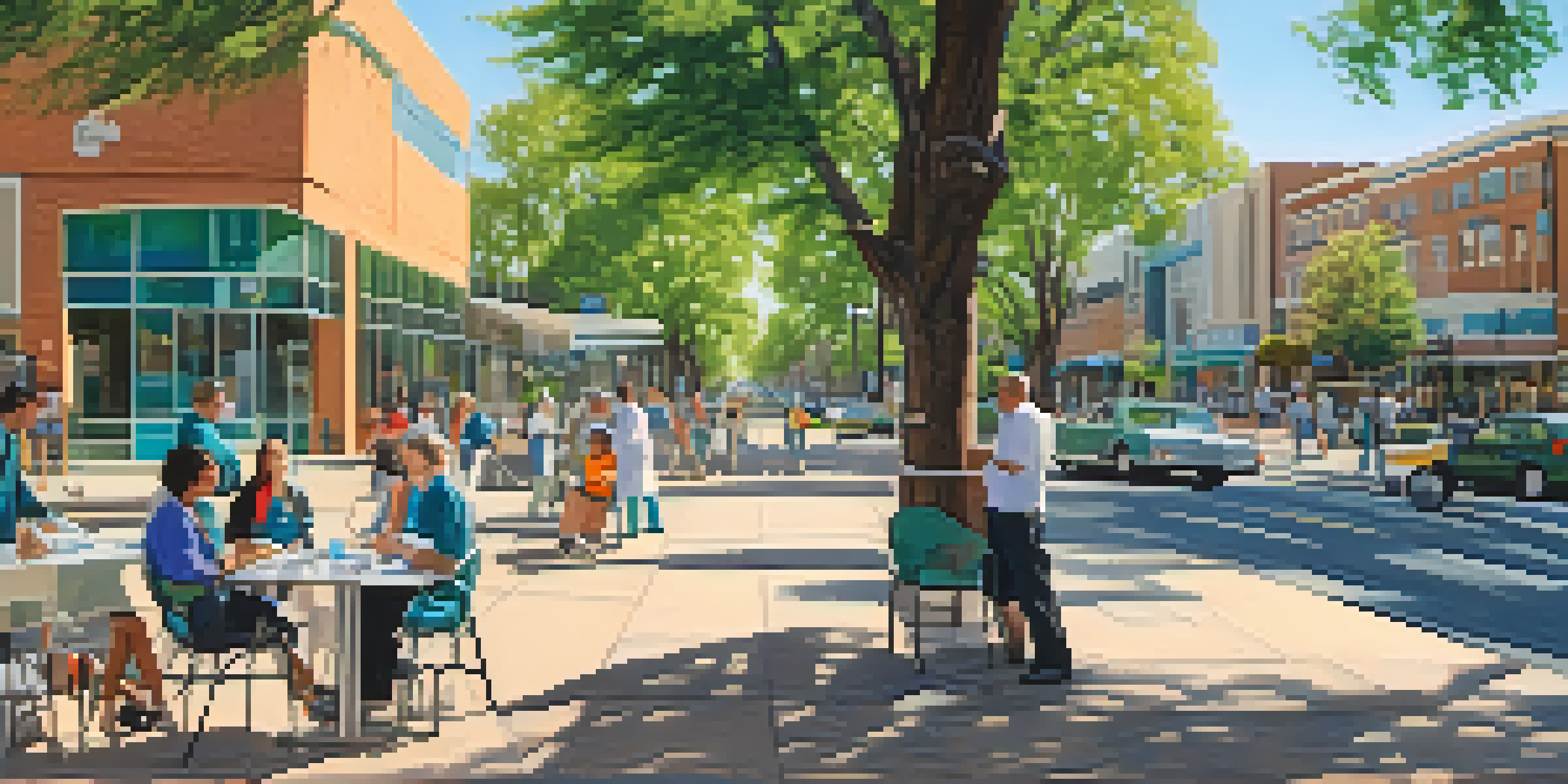 A busy street scene in Sacramento's health care district with hospitals and clinics, featuring people interacting with medical staff and lush greenery.
