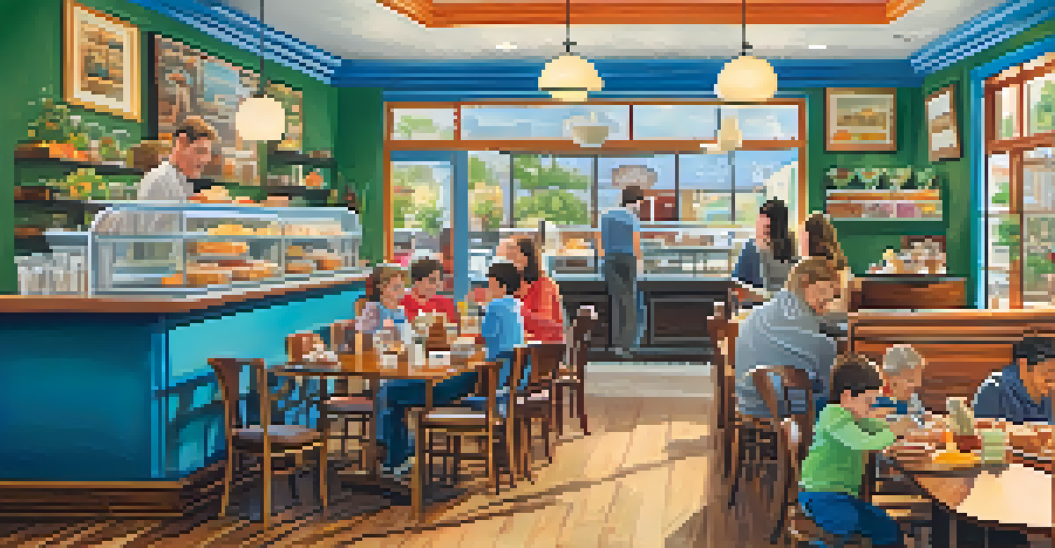A cozy cafe with a family enjoying brunch, children selecting pastries, and parents at a cheerful table with warm decor.