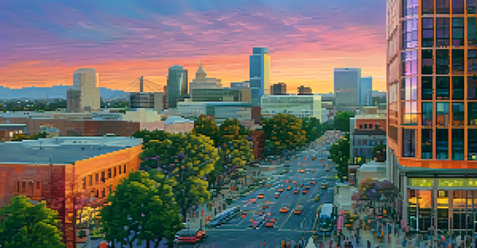 A scenic sunset view of Sacramento's skyline with modern and historic buildings, highlighting a vibrant street life.