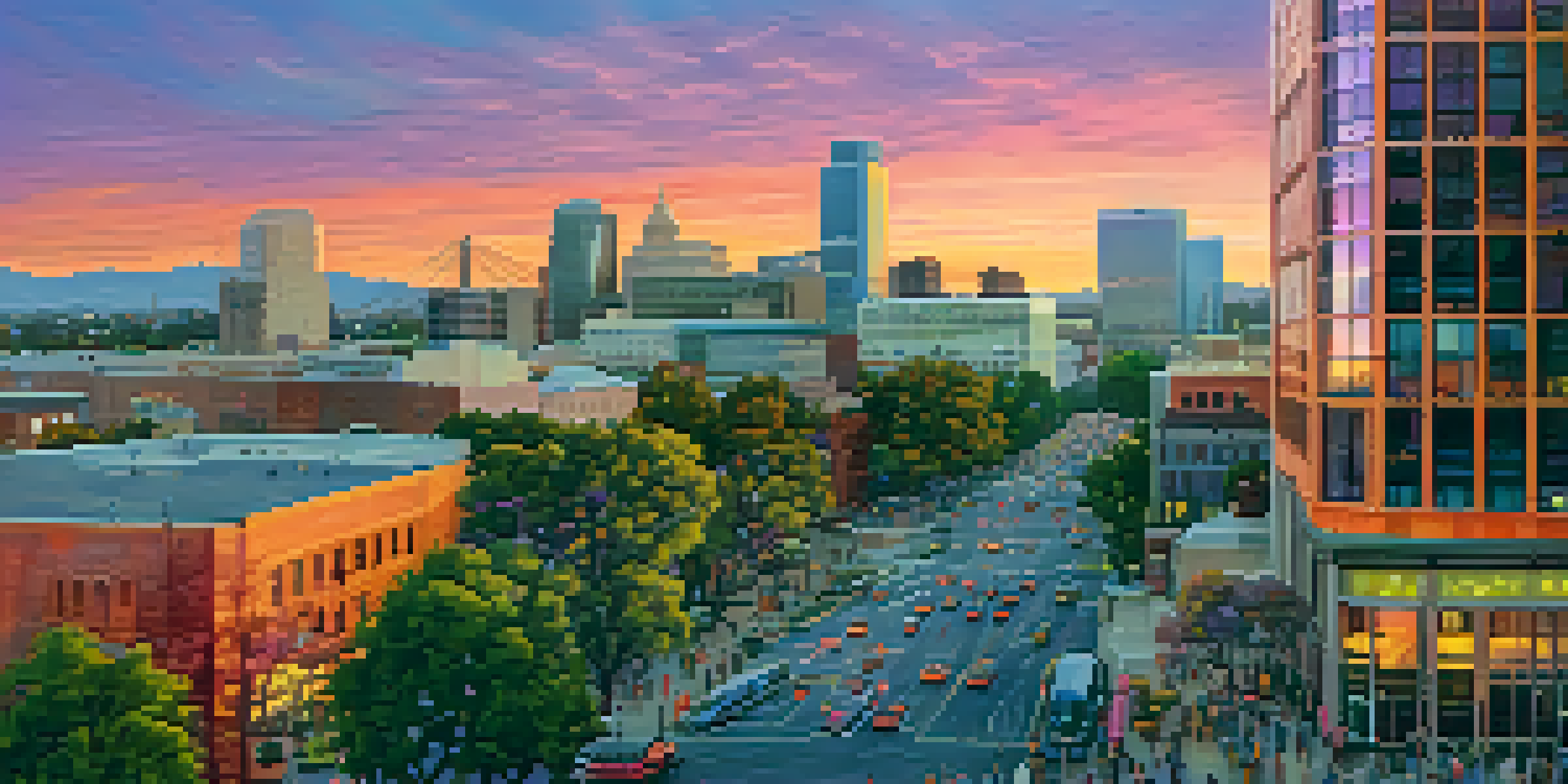 A scenic sunset view of Sacramento's skyline with modern and historic buildings, highlighting a vibrant street life.