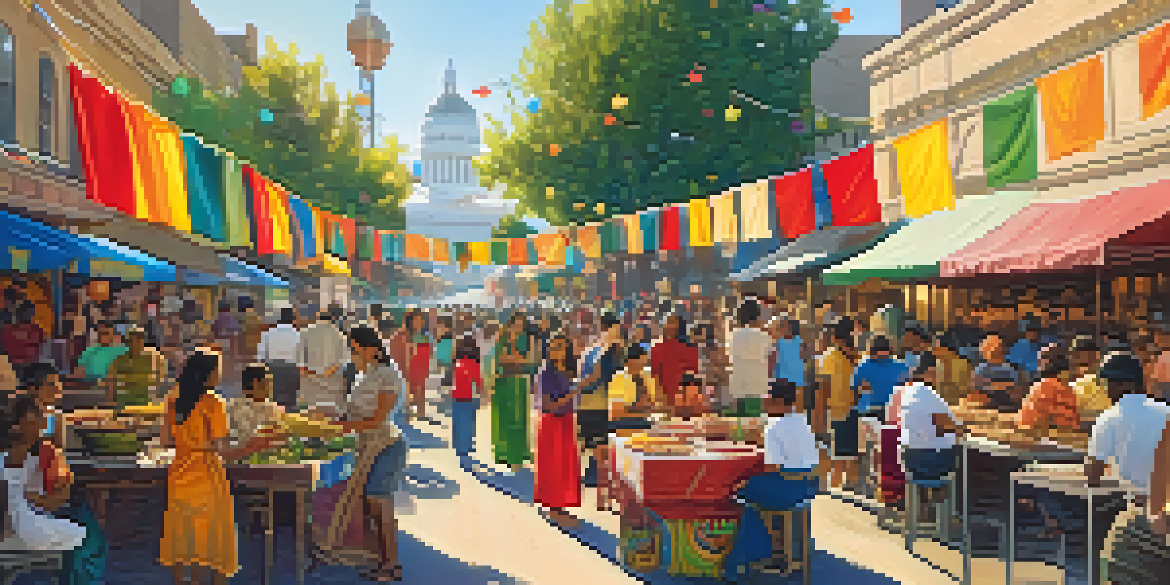 A crowded street festival in Sacramento with people of various ethnicities enjoying food and music under colorful decorations.