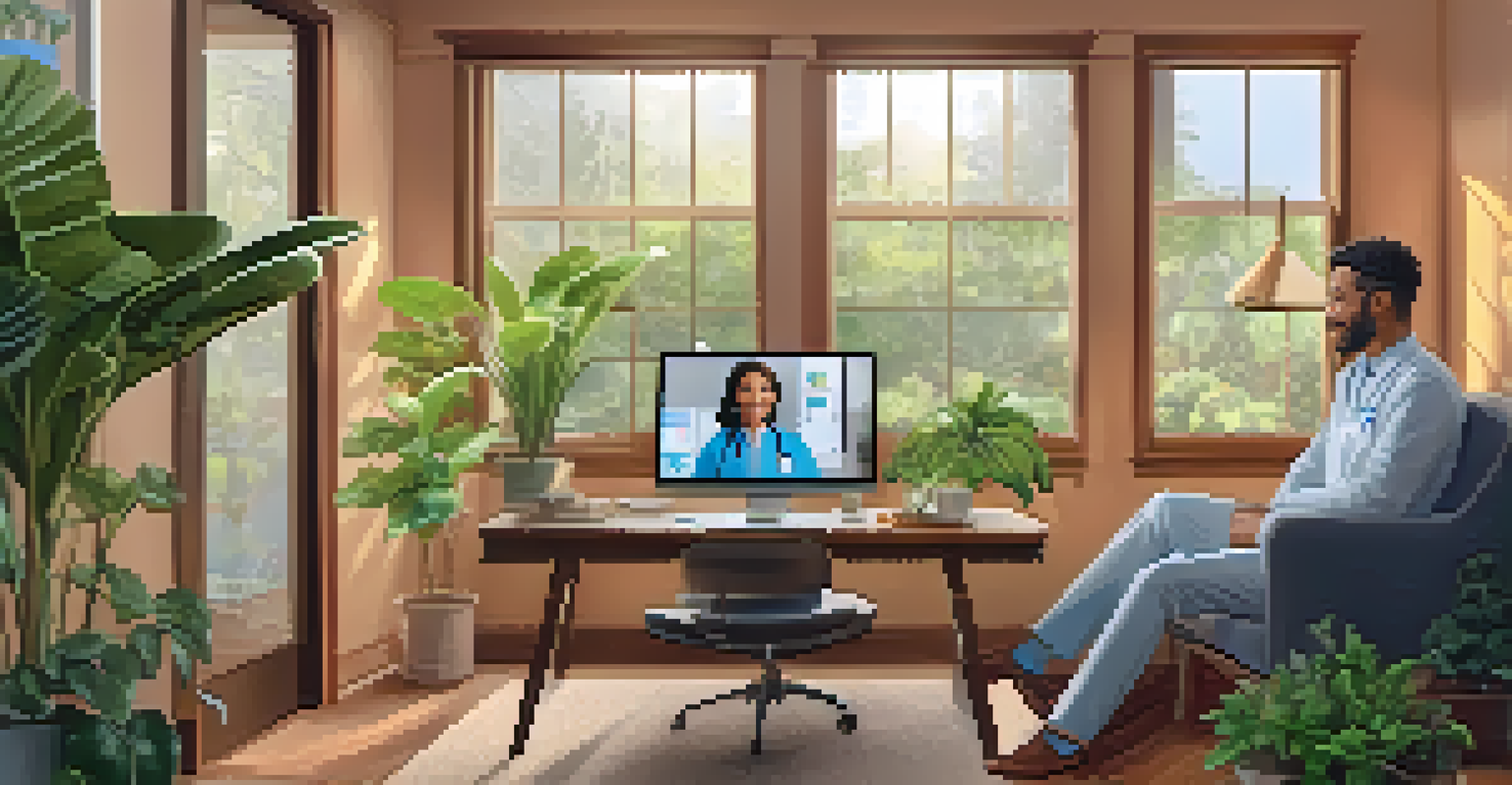 A resident participating in a telehealth consultation at home, with a healthcare provider displayed on the computer screen.