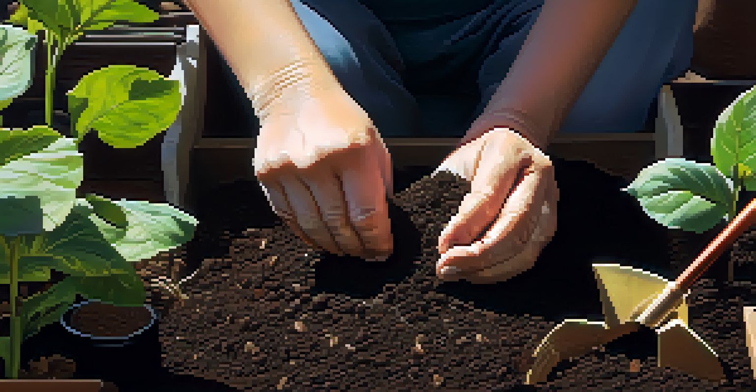 A close-up of hands planting a young sapling in soil, with garden tools and sunlight filtering through leaves, symbolizing care for the environment.