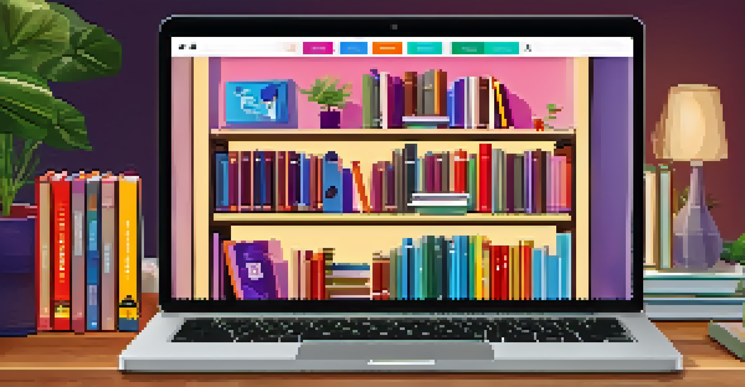 A laptop screen displaying a digital library interface filled with colorful eBook and audiobook covers on a wooden desk.