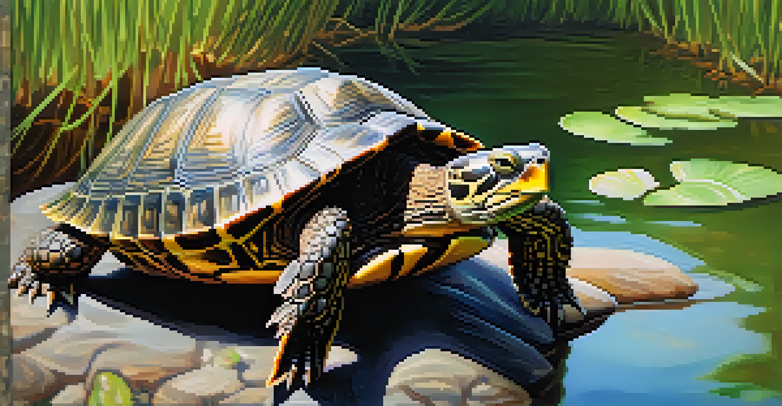 A close-up of a Western pond turtle resting on a rock in a vibrant wetland.