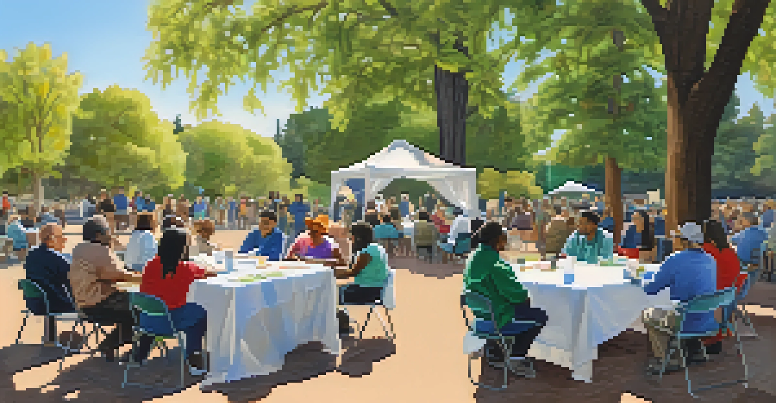 A group of diverse residents in a Sacramento park participating in a community meeting about housing issues, with tables and charts present.
