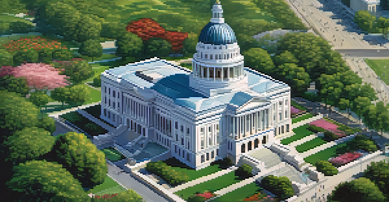 Aerial view of the California State Capitol surrounded by gardens, with a blue sky and city skyline in the background.