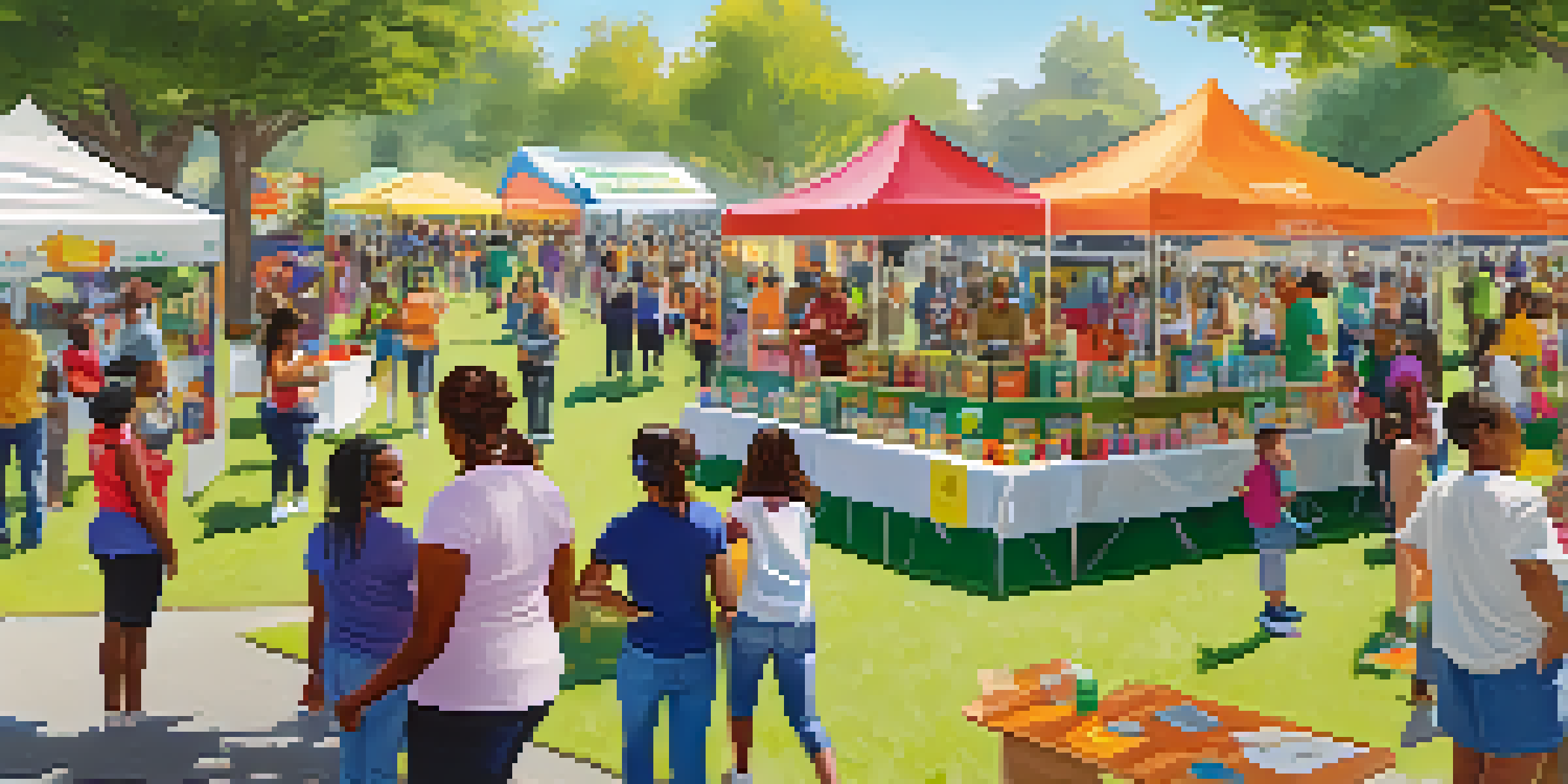 A lively community health fair in Sacramento showcasing diverse individuals participating in wellness activities under a sunny sky.