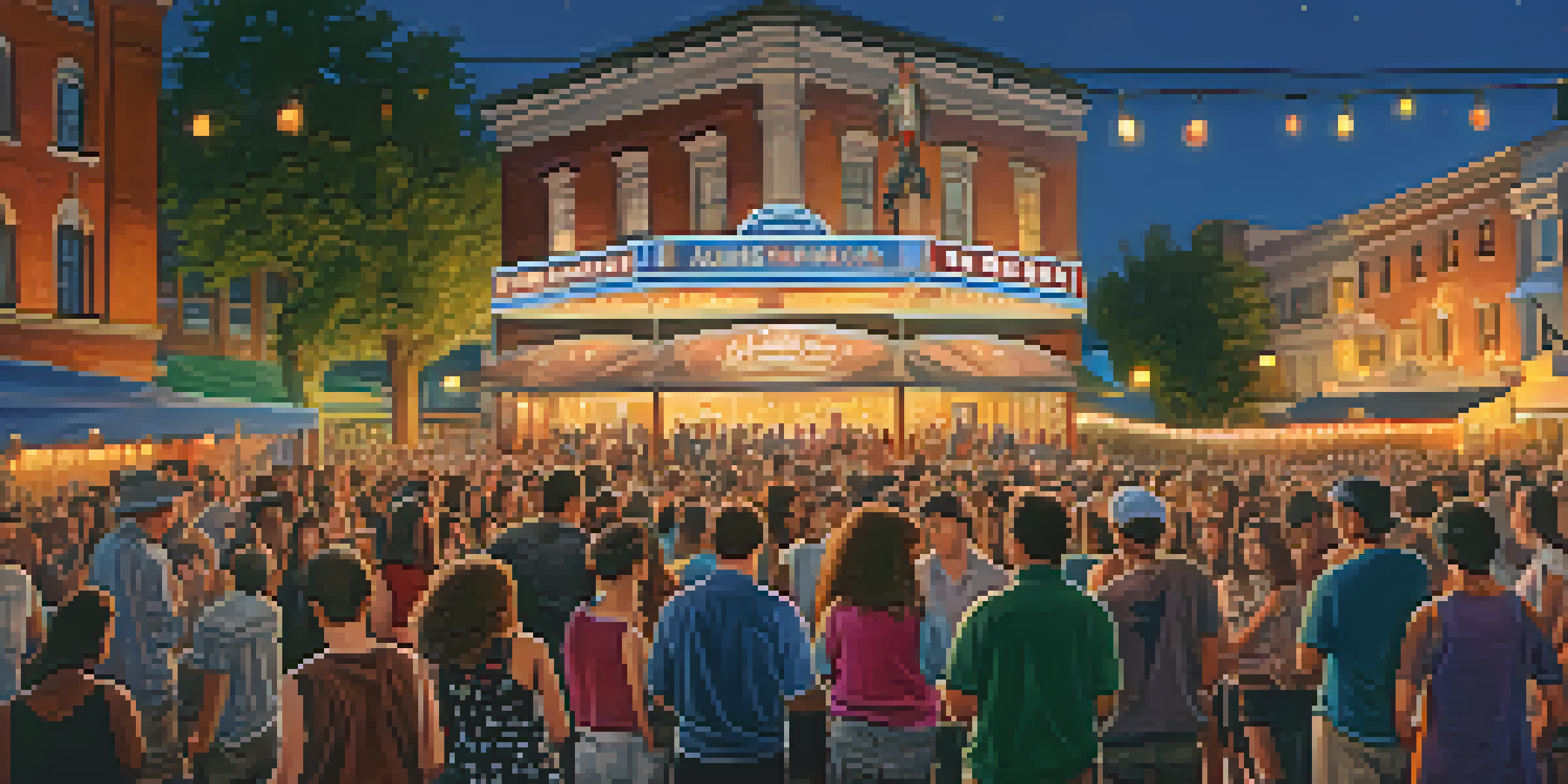 A lively outdoor concert in Sacramento with a diverse crowd enjoying music under colorful lights at dusk.