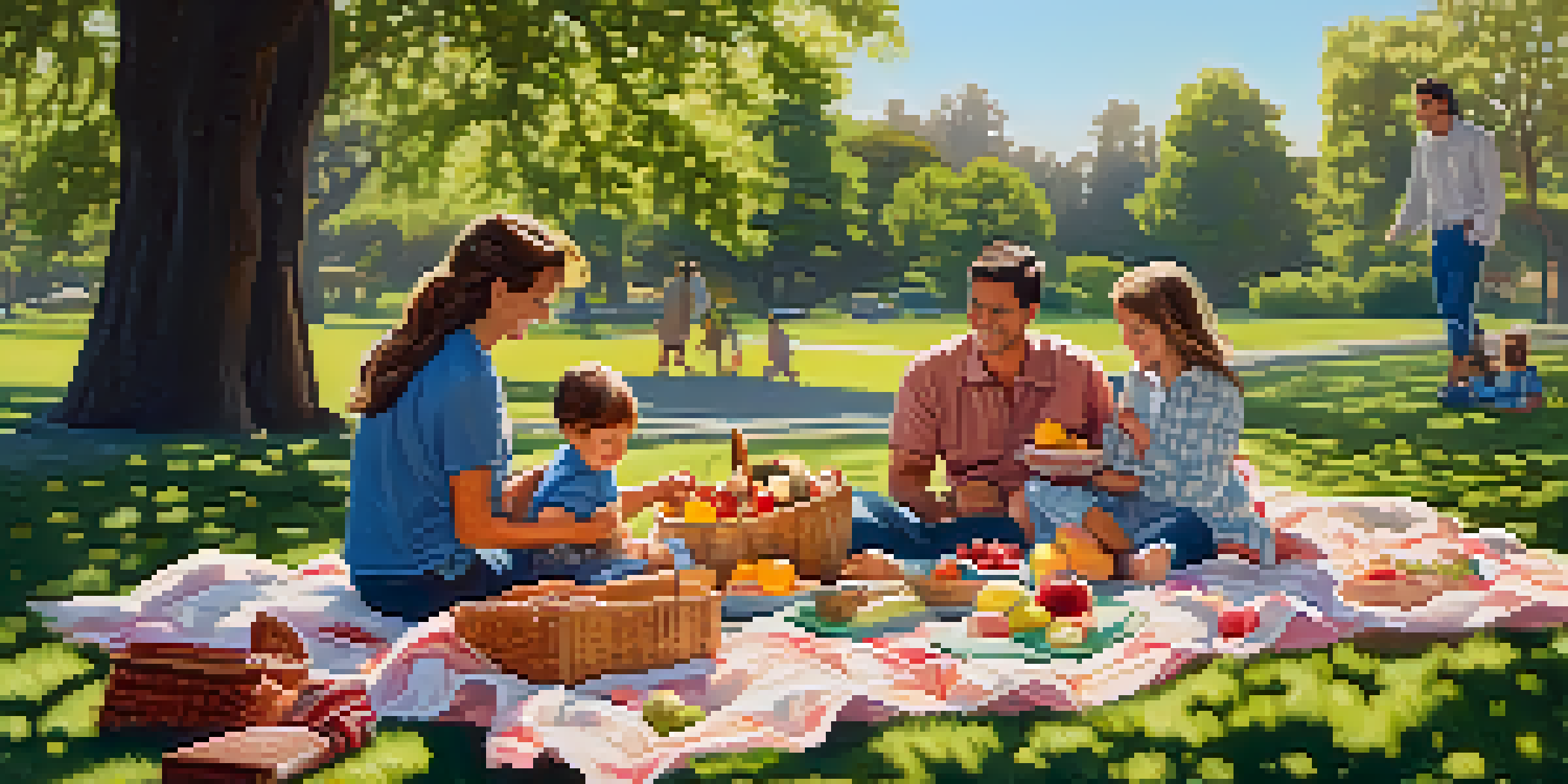 A family having a picnic in a beautiful park filled with rose gardens and green lawns under bright sunlight.