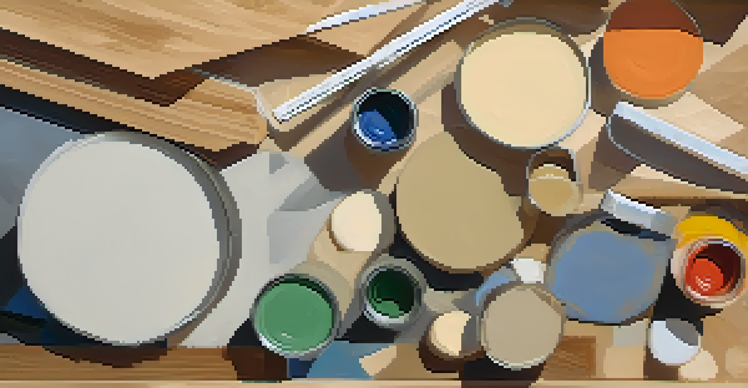 A close-up of sustainable construction materials, including recycled items and low-VOC paints, arranged at a Sacramento building site.