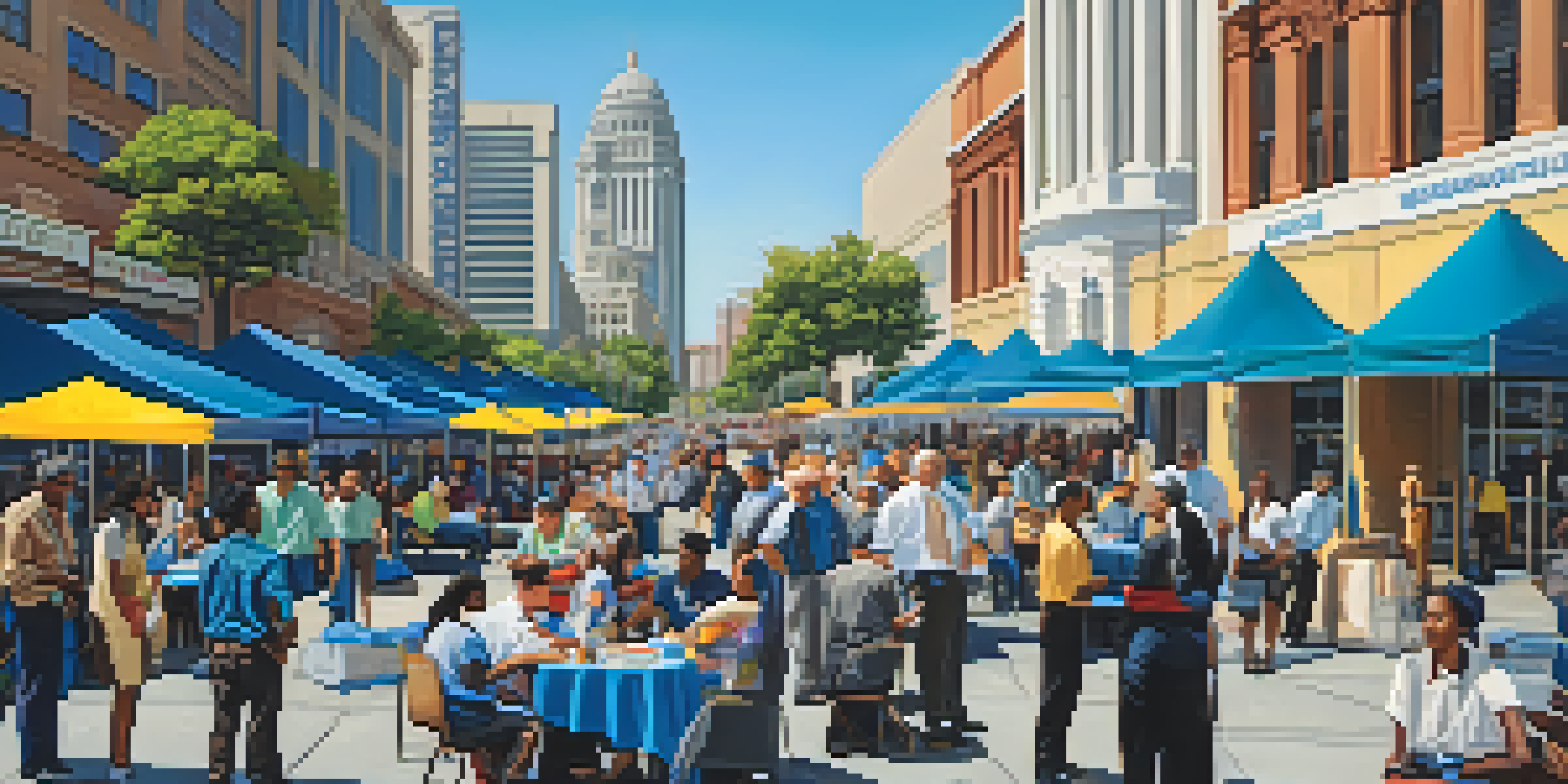 A vibrant job fair in Sacramento with diverse job seekers and employers interacting, surrounded by colorful banners and modern buildings.