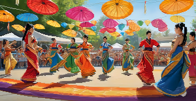 A lively outdoor festival scene featuring dancers in colorful traditional costumes performing on stage, with enthusiastic attendees and food stalls in the background.