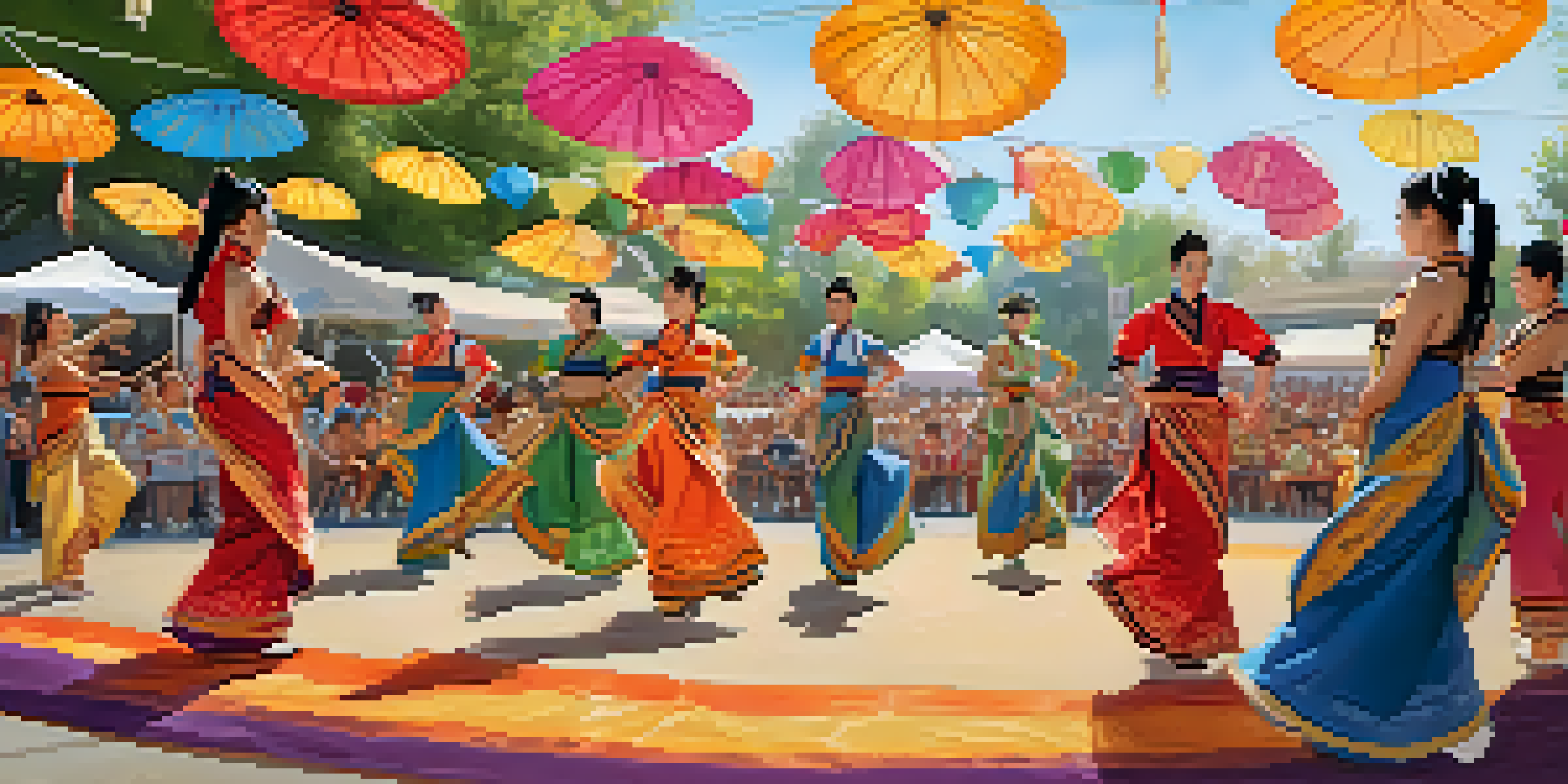 A lively outdoor festival scene featuring dancers in colorful traditional costumes performing on stage, with enthusiastic attendees and food stalls in the background.
