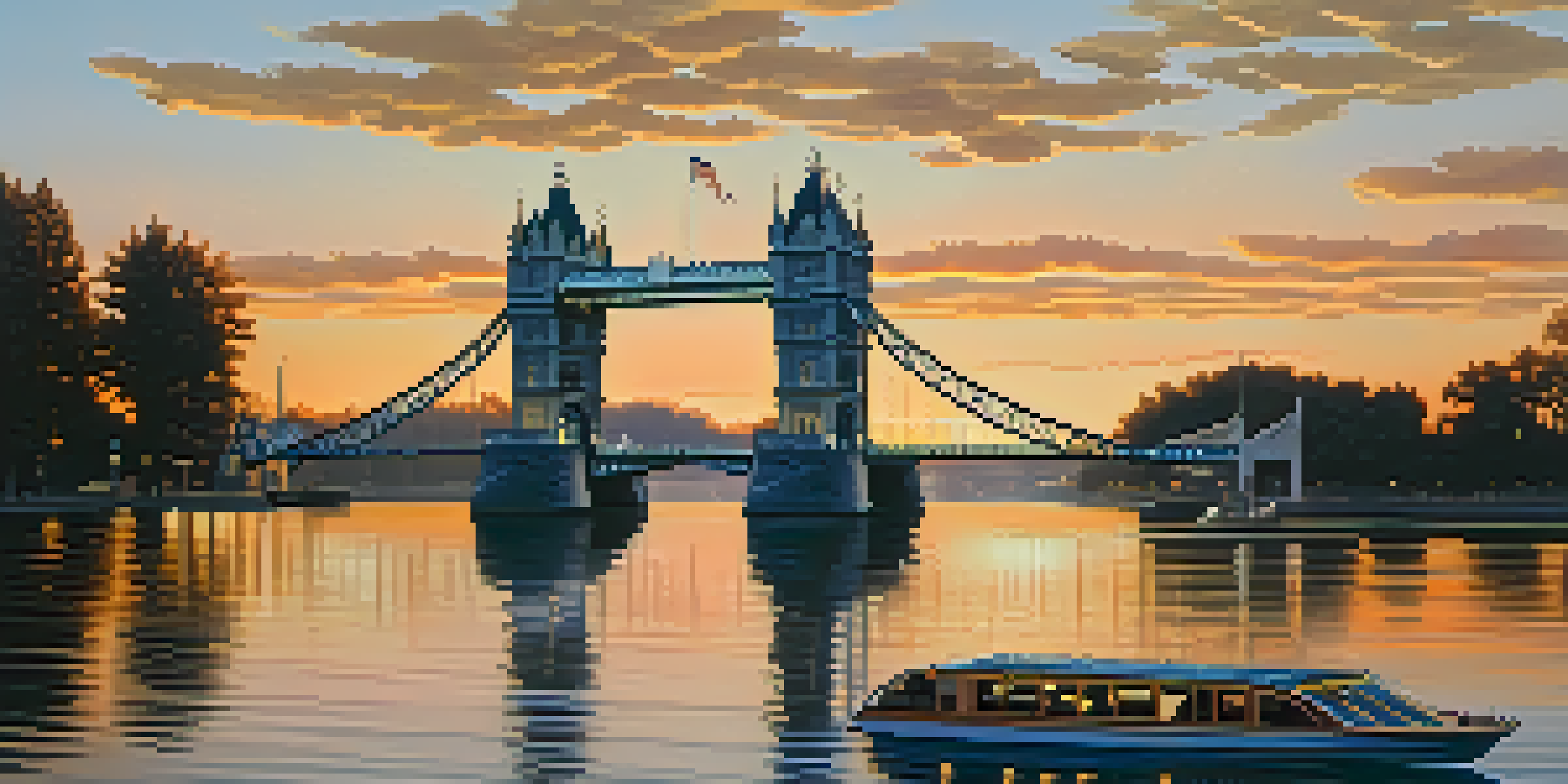 A sunset view of Sacramento's Tower Bridge, showcasing its Art Deco design and reflecting in the river.