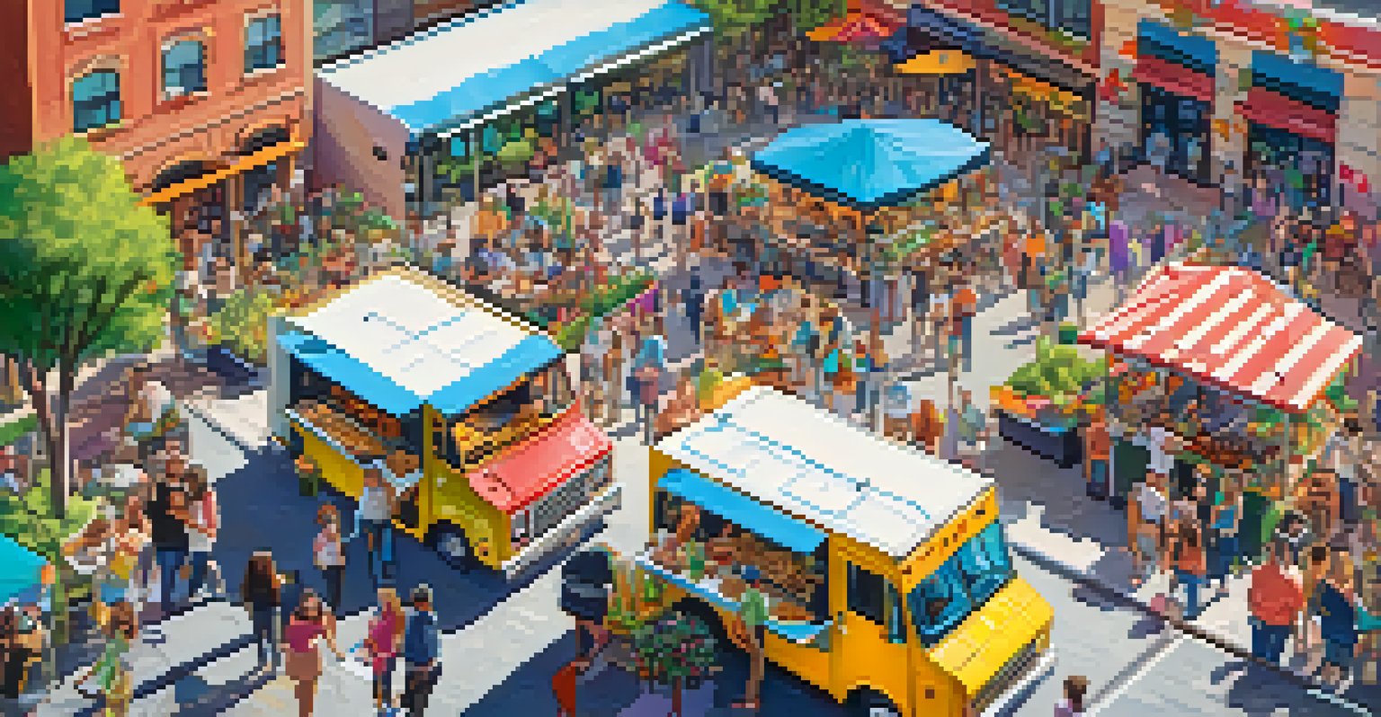 A bustling Food Truck Mania event with various food trucks, people enjoying street food, and a festive atmosphere.