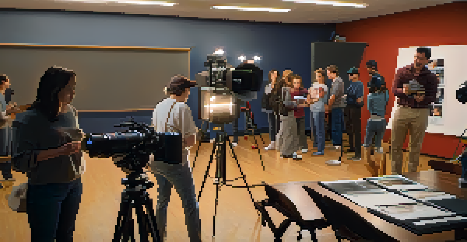 An instructor teaching camera techniques to students in a Sacramento filmmaking workshop, highlighting education and creativity.