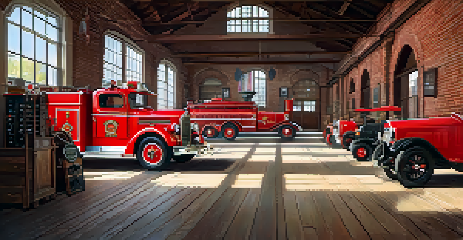 The interior of a restored historic firehouse displaying vintage firefighting equipment and an early 20th-century firetruck under soft light.