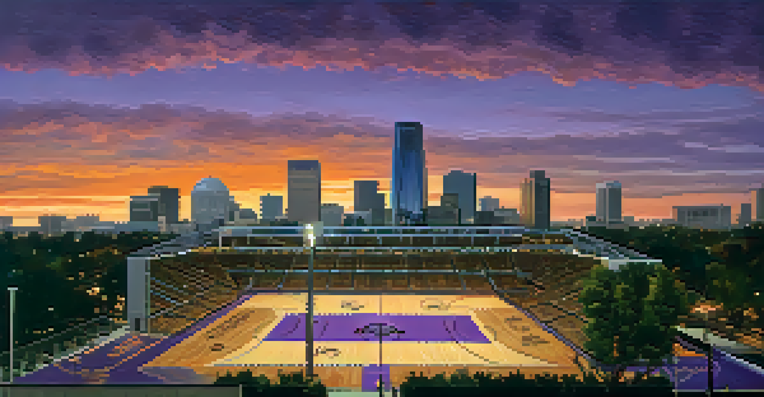 A sunset view of the Sacramento skyline featuring the Golden 1 Center, with a basketball in the foreground, highlighting the city’s connection to the Kings.