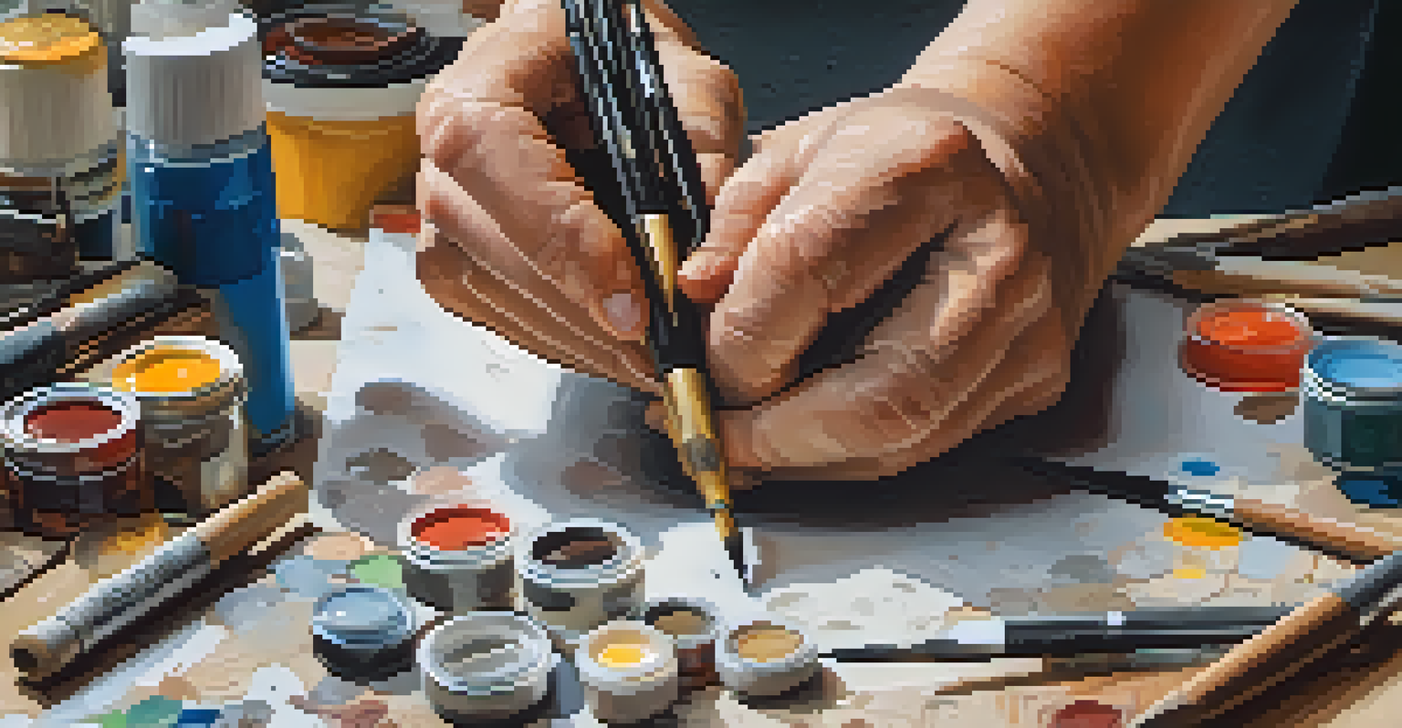 A close-up of an artist's hands working on a sculpture made from recycled materials in a studio.