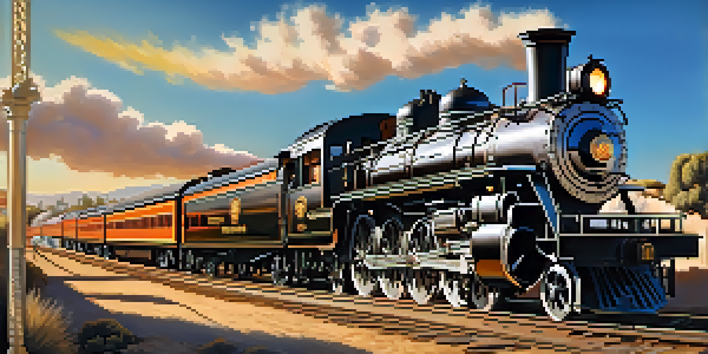 A restored steam locomotive with vintage rail cars on display at the California State Railroad Museum, under a clear blue sky.