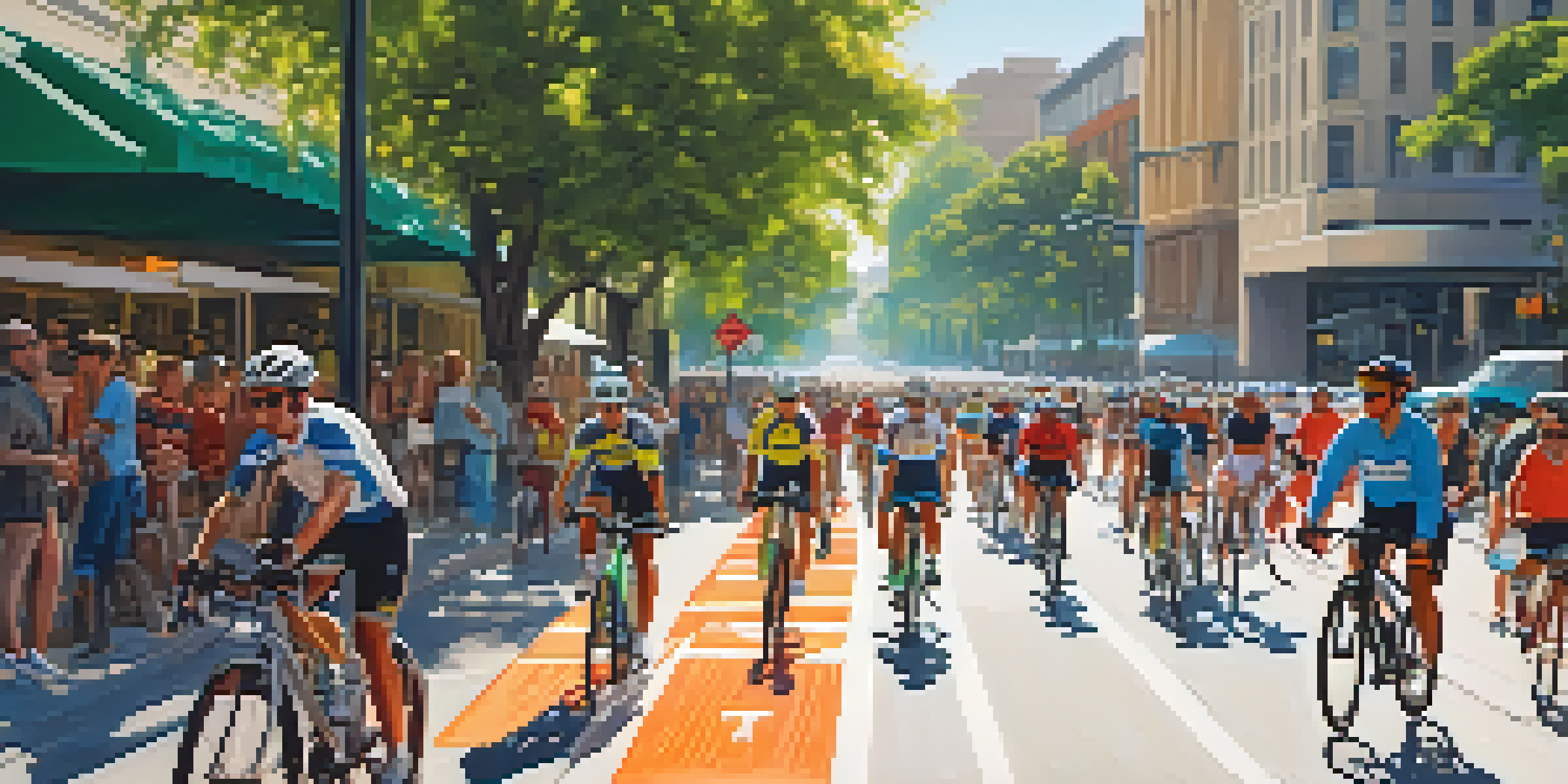 A lively street scene in Sacramento with cyclists, pedestrians, and cars, showcasing dedicated bike lanes and urban greenery under bright sunlight.