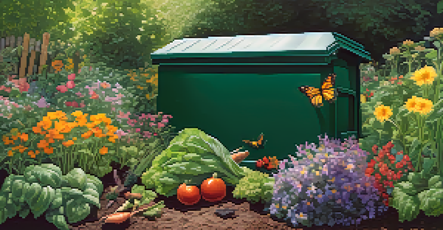 A compost bin in a sunny garden, surrounded by healthy vegetables and pollinators like butterflies and bees, showcasing sustainable gardening.